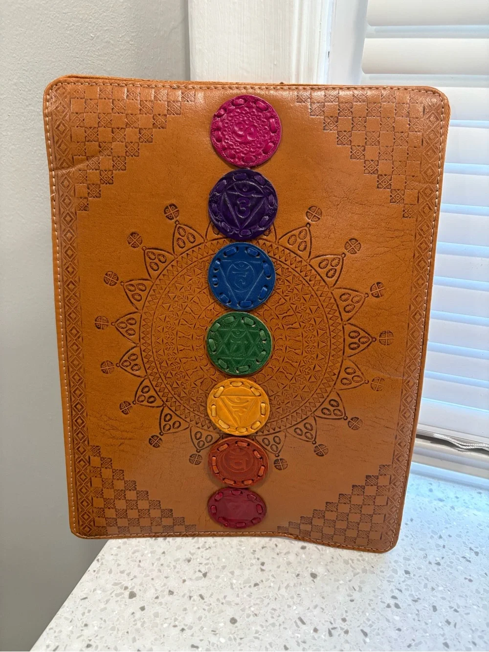 NEW  Chakra Embossed Leather IPad/Tablet Cover - Brown with Multicolor Discs